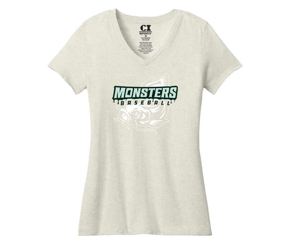 Ladies V-Neck Tee- Monsters Baseball - Oatmeal Heather